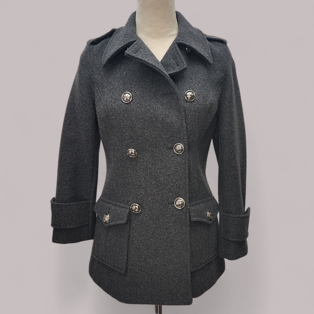 TORY BURCH GREY JACKET WOOL W/ SILK LINING Collared Peacoat Military Style Logo